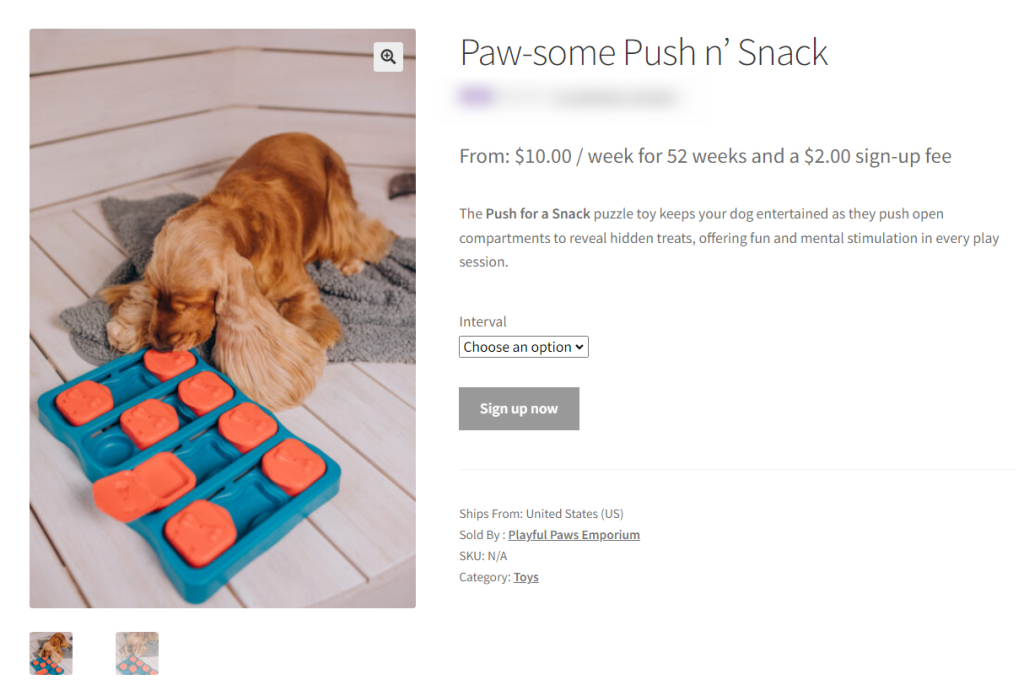 A WooCommerce product page for a pet subscription box with details on price and intervals