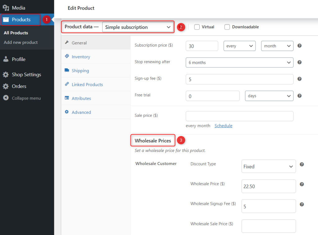 Product data editor in WordPress showing fields for setting wholesale pricing for subscription-based products.