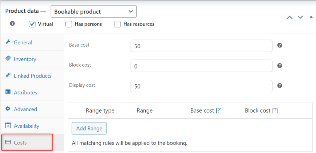 Cost Settings section, showing options to set a base price, block cost, and display cost for bookable products.