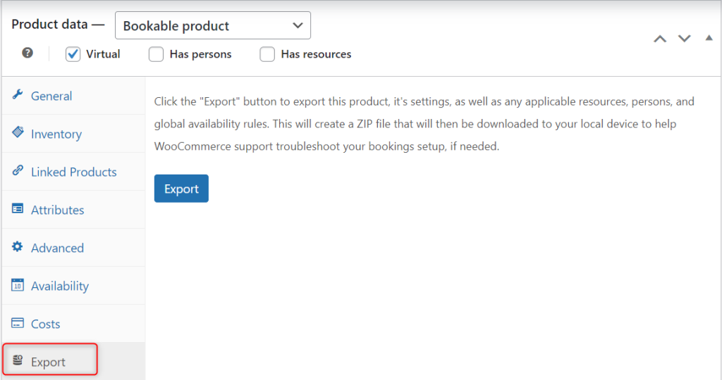 Export button in the Product Data section, used to create a ZIP file of product settings, resources, and availability rules for troubleshooting or sharing with support teams.