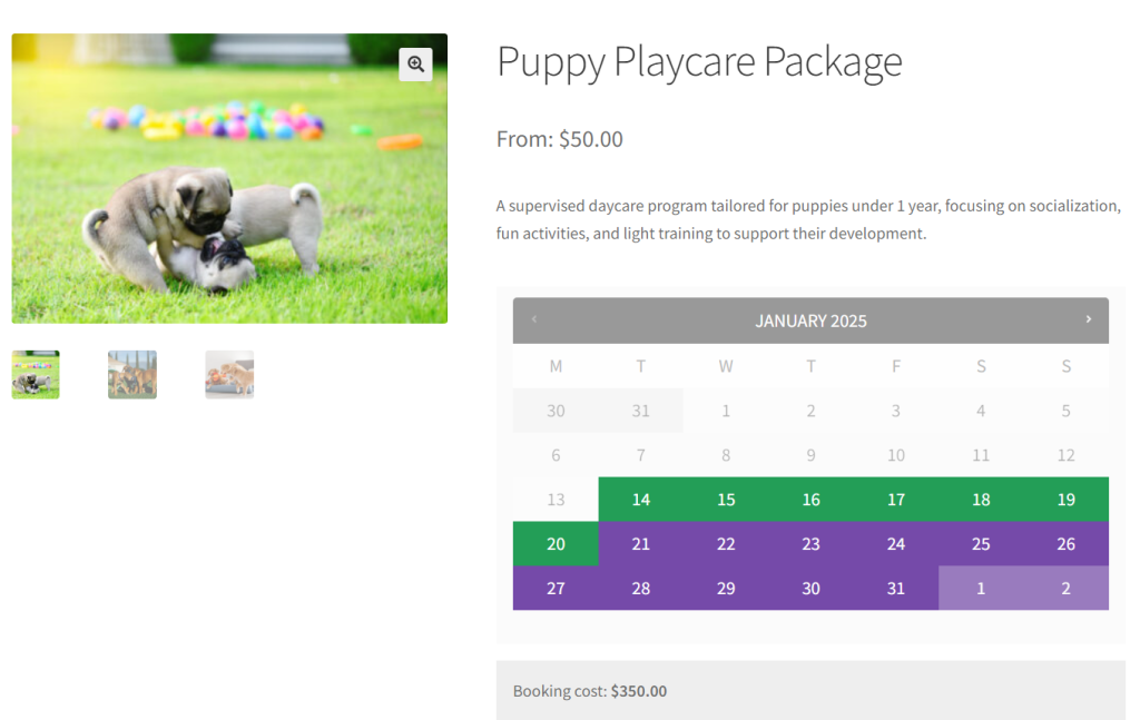 an example of booking settings for the Puppy Playcare package, configured to allow customers to book a minimum of 1 day and a maximum of 7 days.