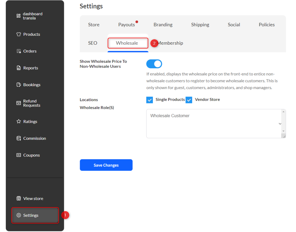 "Wholesale" tab in the Vendor Dashboard settings for managing wholesale price visibility and roles.