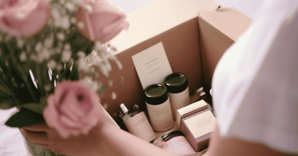 A curated skincare subscription box with creams, sprays, and lotions.