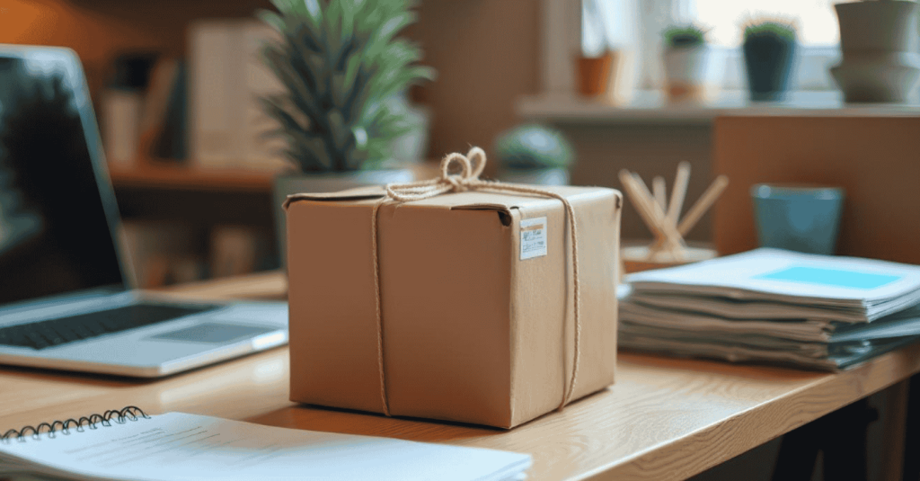 A neatly wrapped package on a work desk