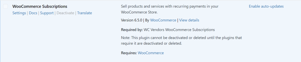 WooCommerce Subscriptions plugin settings showing activation and plugin details for subscription management