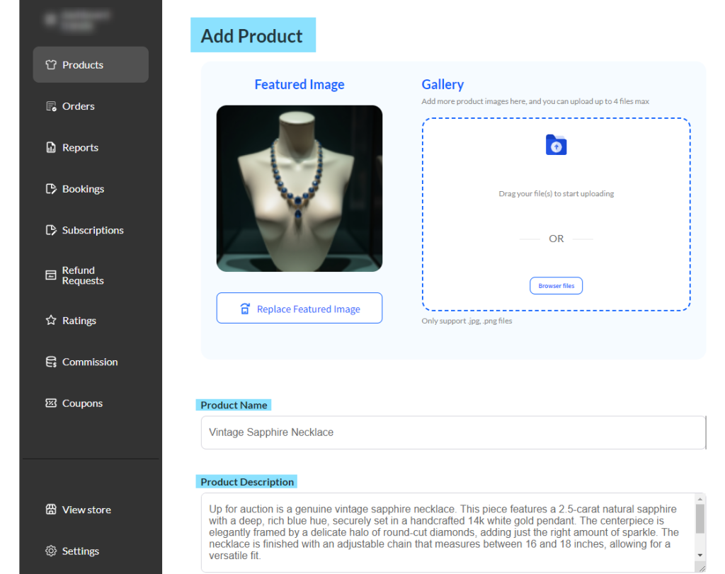 Vendor dashboard’s ‘Add Product’ page, highlighting the Featured Image upload area, Gallery section, Product Name field, and Description box