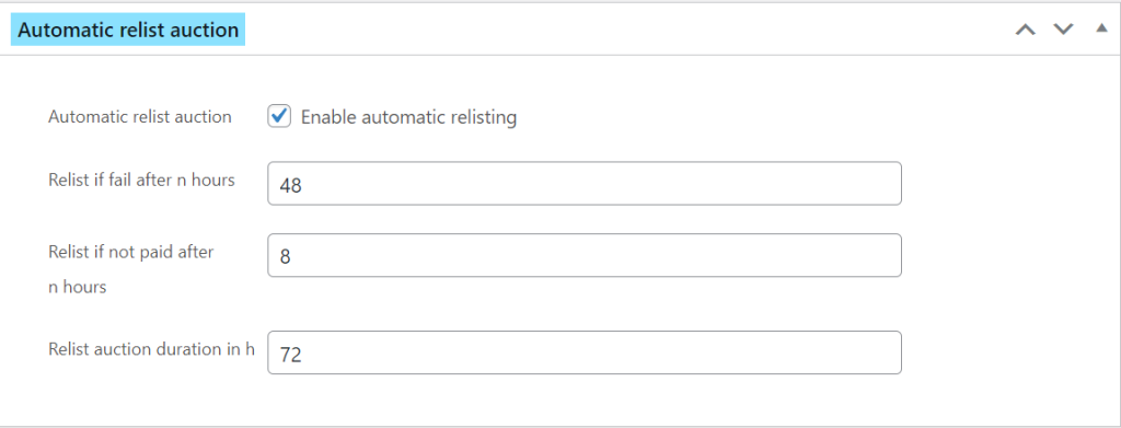 Automatic Relist Auction settings in WooCommerce, showing options for relisting failed or unpaid auctions and setting the relist duration