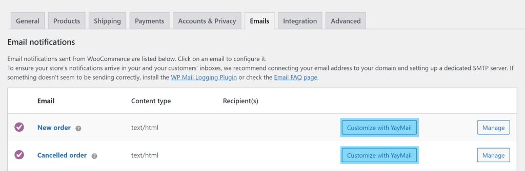 WooCommerce Email Notifications with 'Customize with YayMail' Option