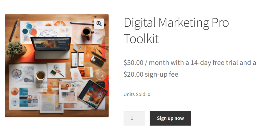 Digital Marketing subscription product displaying a 14-day free trial,  monthly charge, and  sign-up fee in WooCommerce.