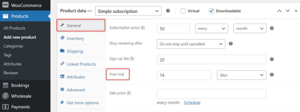 WooCommerce General Tab with fields for subscription price, billing frequency, free trial duration, and sign-up fee configuration