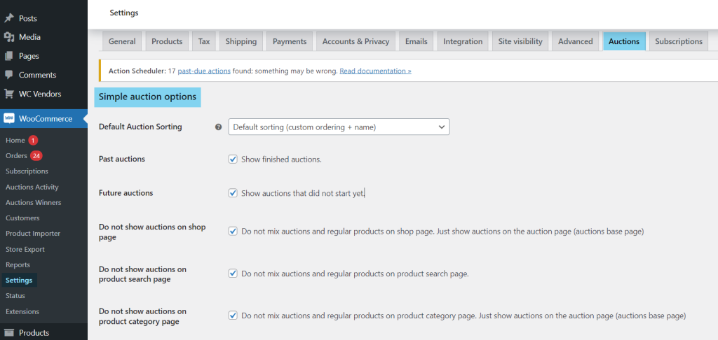 Simple Auction options in WooCommerce, showing default auction sorting, past auctions, future auctions, and settings to separate auctions from regular products