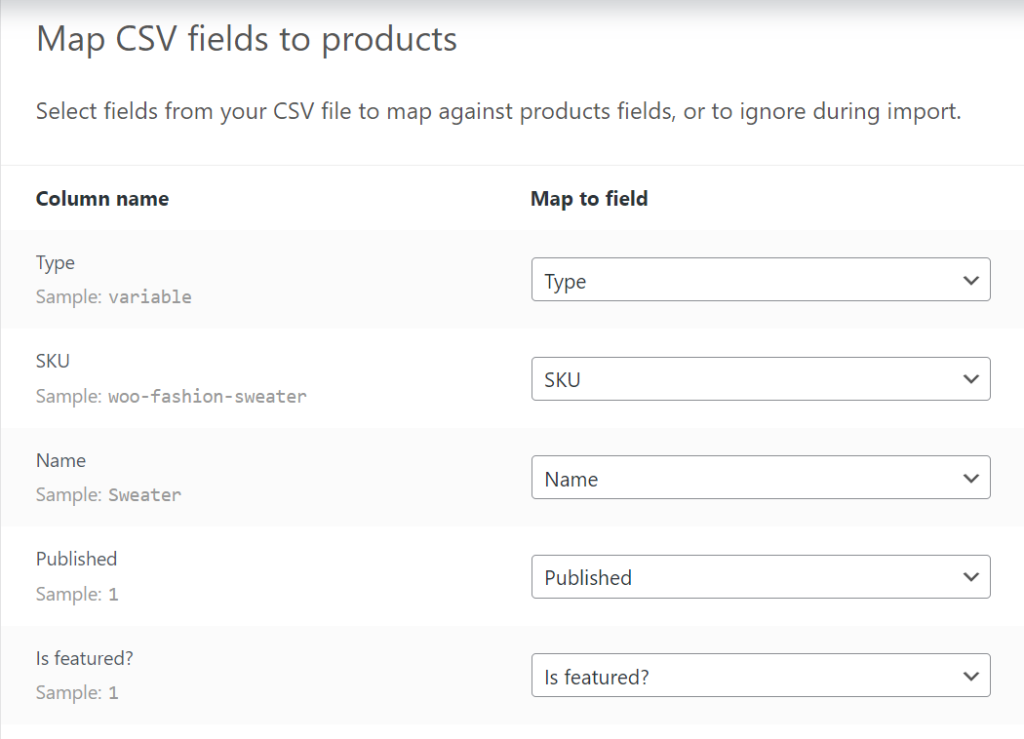 WooCommerce column mapping interface showing how CSV fields are mapped to WooCommerce fields.