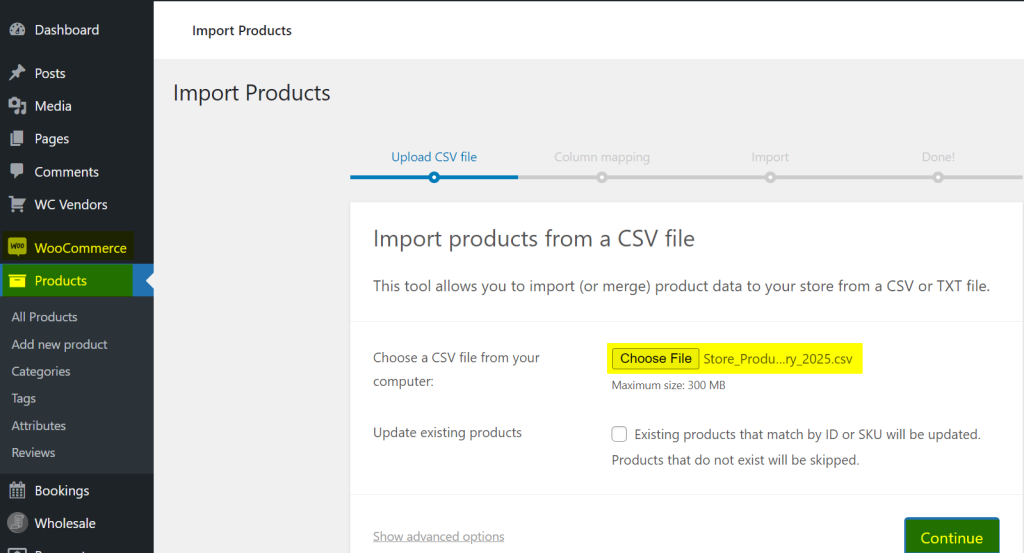 WooCommerce import products dashboard showing the option to upload a CSV file.