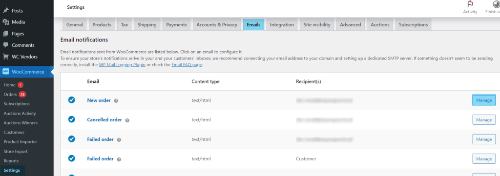 WooCommerce Email Notification Settings in the Admin Panel 