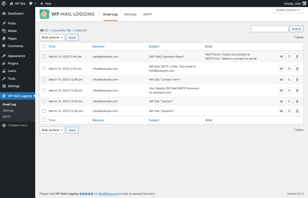 WP Mail Logging Plugin Showing Email Logs in WordPress